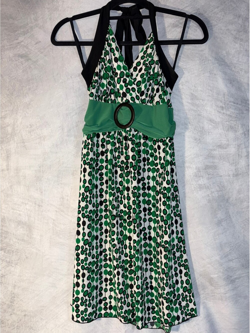 Vanity Green Black Polka Dot Halter Dress Women's Large Made in USA